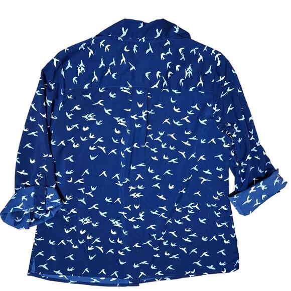 Notations -Women's Petite Button-up Roll Tab Sleeves Bird Print Blouse Size PL - Picture 4 of 8